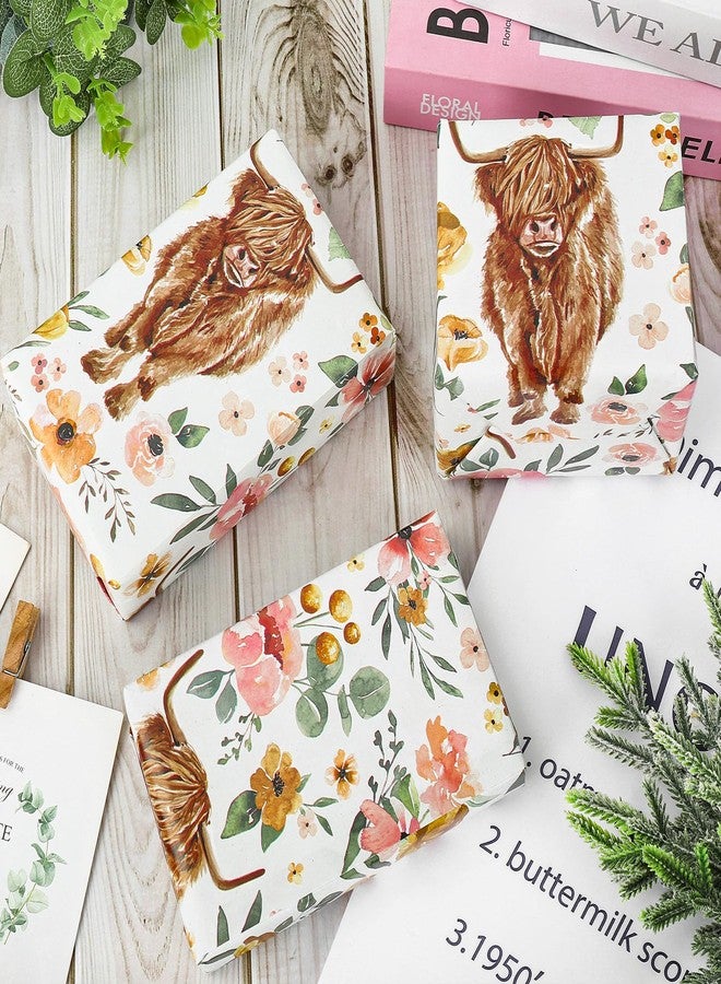 AnyDesign Boho Floral Highland Cow Wrapping Paper Folded Flat Boho Flower Gift Wrap Paper Bulk Cute Cow Art Paper for Birthday Wedding Baby Shower DIY Crafts Gift Packing, 19.7 x 27.6 in, 6 Sheet - Image 3